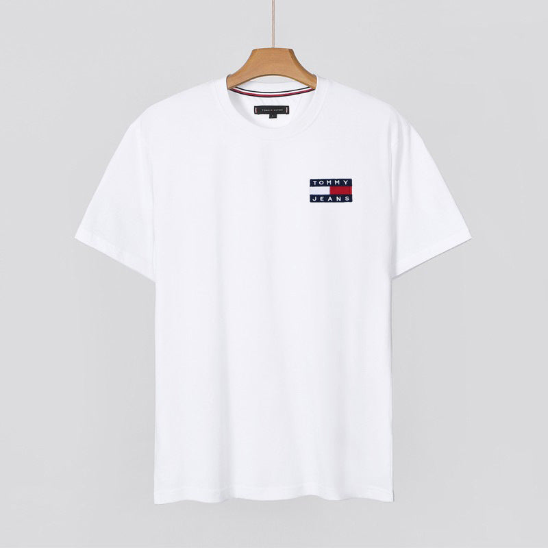 Men&#039;s Short-Sleeve Pure Cotton Round Neck Slim Fit Solid Color Base Shirt With Large Logo Embroidery T-Shirt