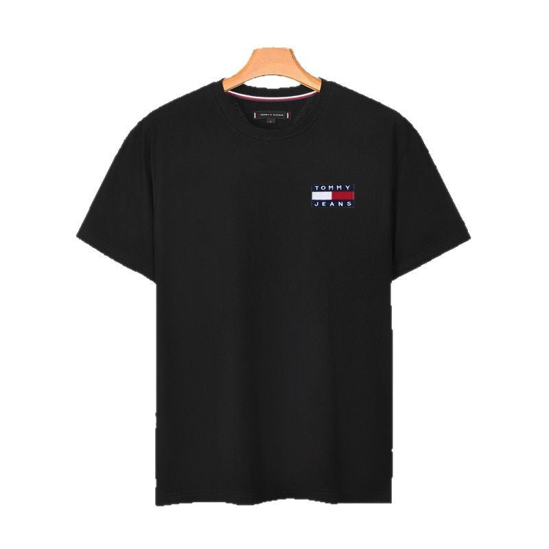 Men&#039;s Short-Sleeve Pure Cotton Round Neck Slim Fit Solid Color Base Shirt With Large Logo Embroidery T-Shirt