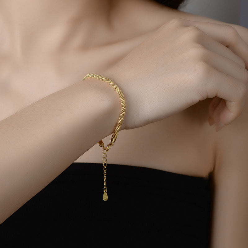 S925 Sterling Silver Sparkling Cylinder Mesh Bracelet Women&#039;s Light Luxury Ins Niche Simple Italian Plain Chain Bracelet