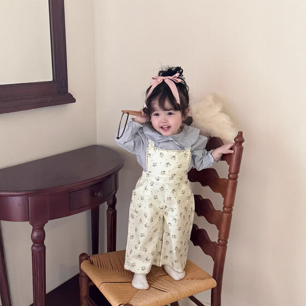 Baby Girl&#039;s Cotton Suspender Pants Women&#039;s Twill Blue Floral Wide Leg Sling Trousers