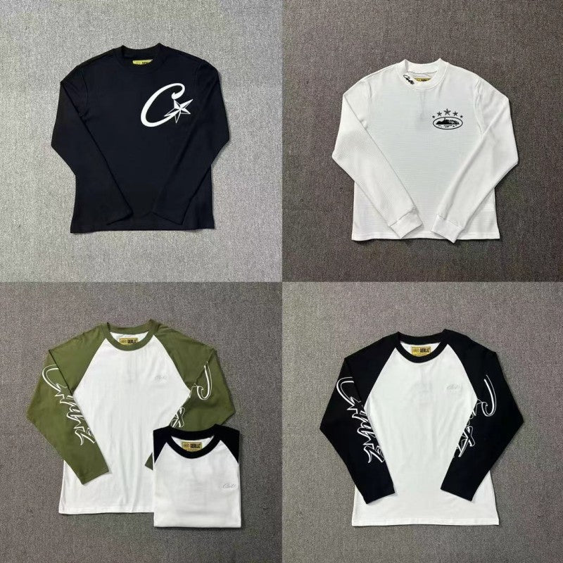 Classic Long-sleeved T-shirt Loose Casual Round Neck Couple Five-star Waffle Long-sleeved Men