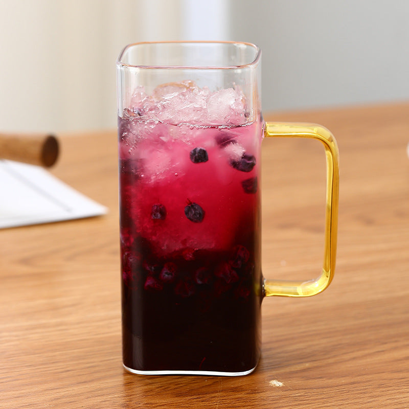 Square Glass Cup With Color Handle Milk Juice Cup Transparent Simple Household Cup Borosilicate Glass Water Cup