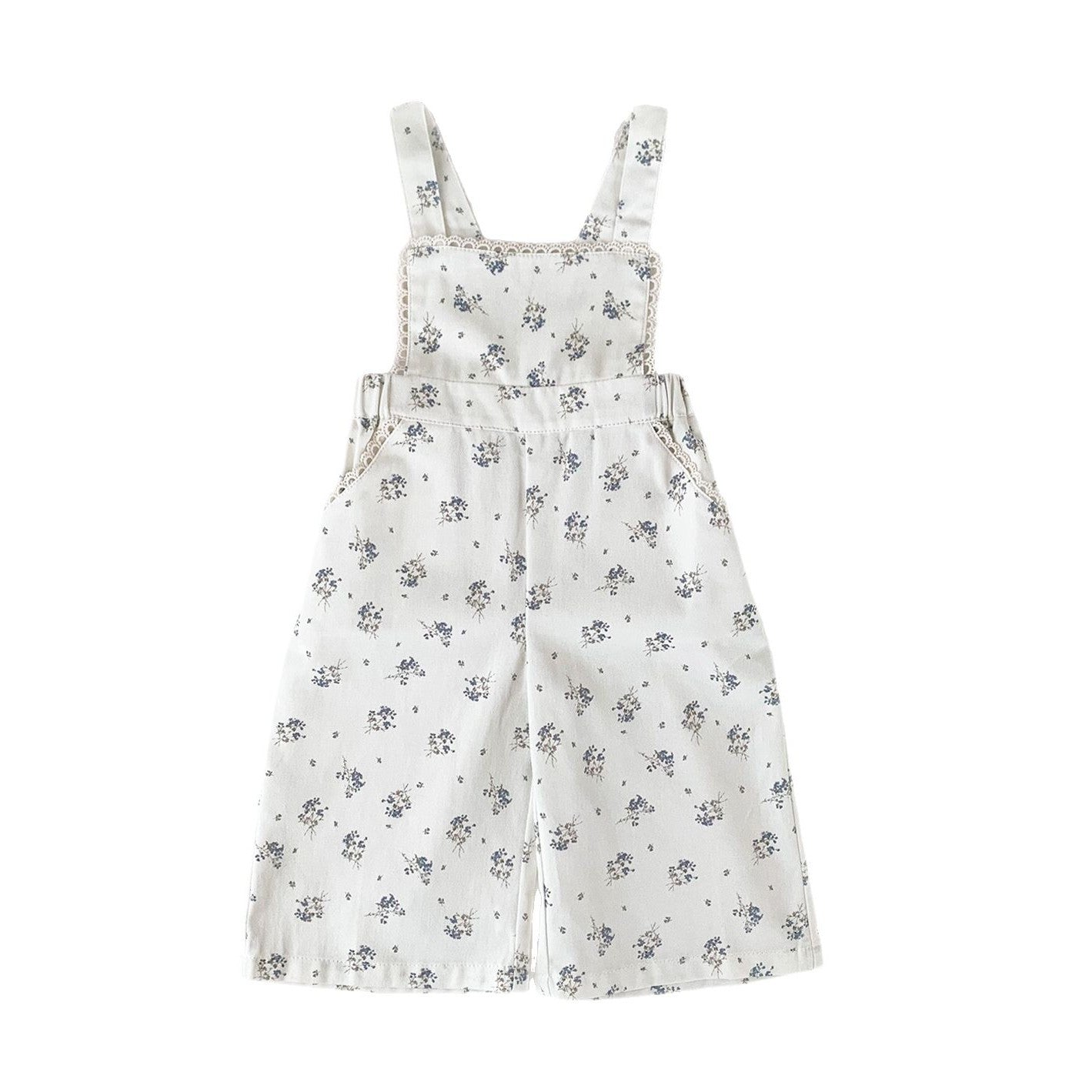 Baby Girl&#039;s Cotton Suspender Pants Women&#039;s Twill Blue Floral Wide Leg Sling Trousers