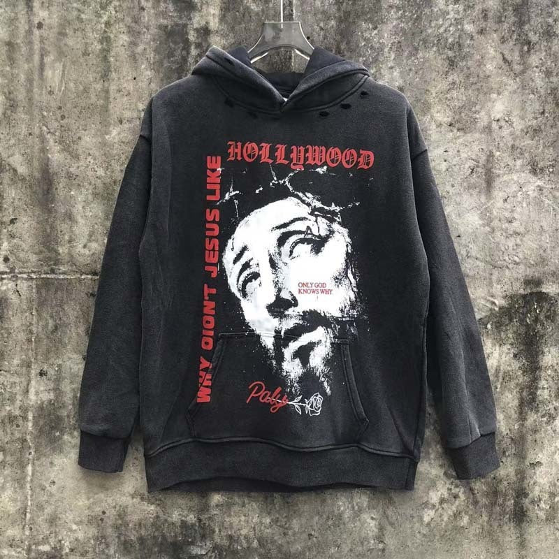 American Fashion Heavyweight Washed And Distressed SAINT Anime Printed Street Retro Sweatshirt Street Fashion Hooded