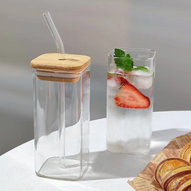 Simple Straw Cup Milk Tea Cup New Women&#039;s High-value Household High-temperature Transparent Square Glass With Handle