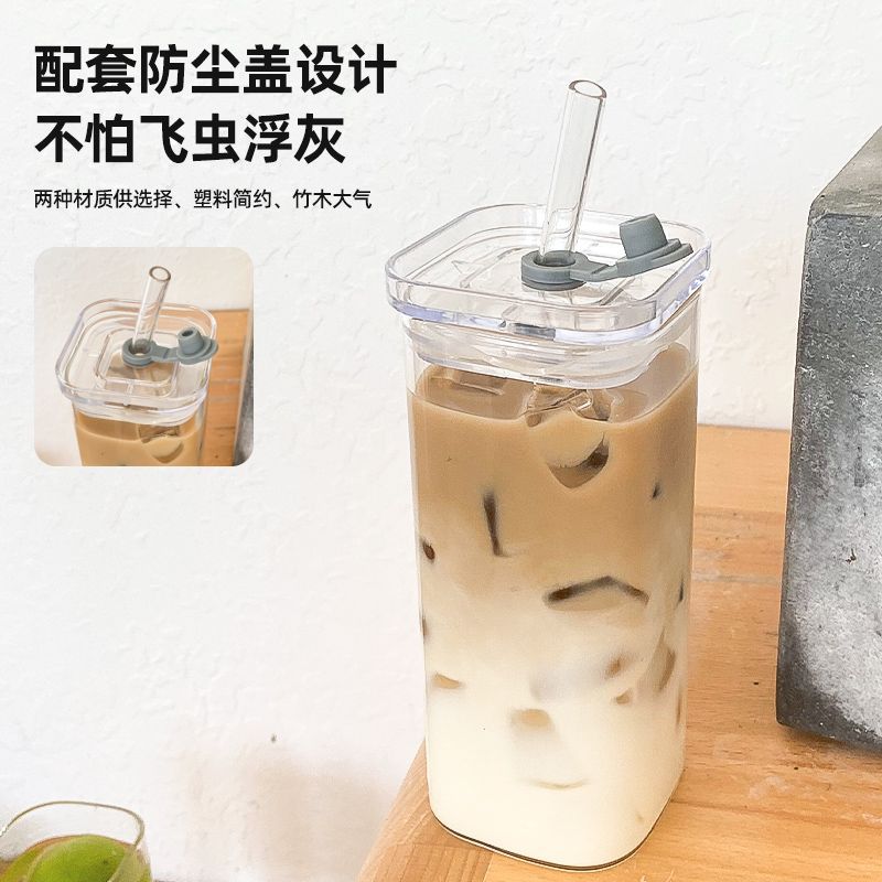 Simple Straw Cup Milk Tea Cup New Women&#039;s High-value Household High-temperature Transparent Square Glass With Handle