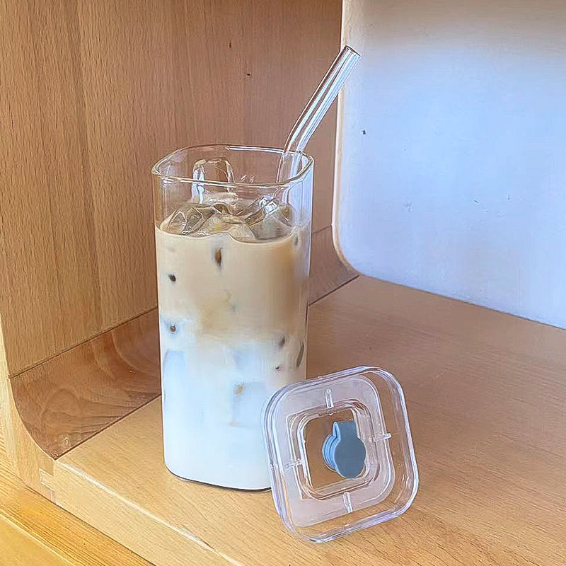 Simple Straw Cup Milk Tea Cup New Women&#039;s High-value Household High-temperature Transparent Square Glass With Handle